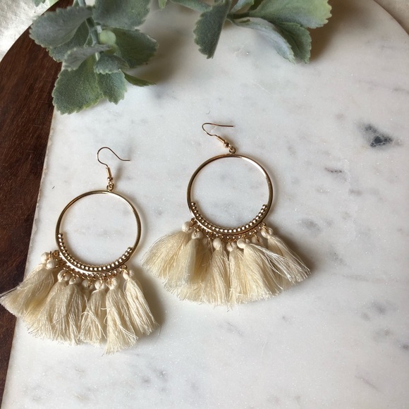 Jewelry - White Tassel Hoop Earrings